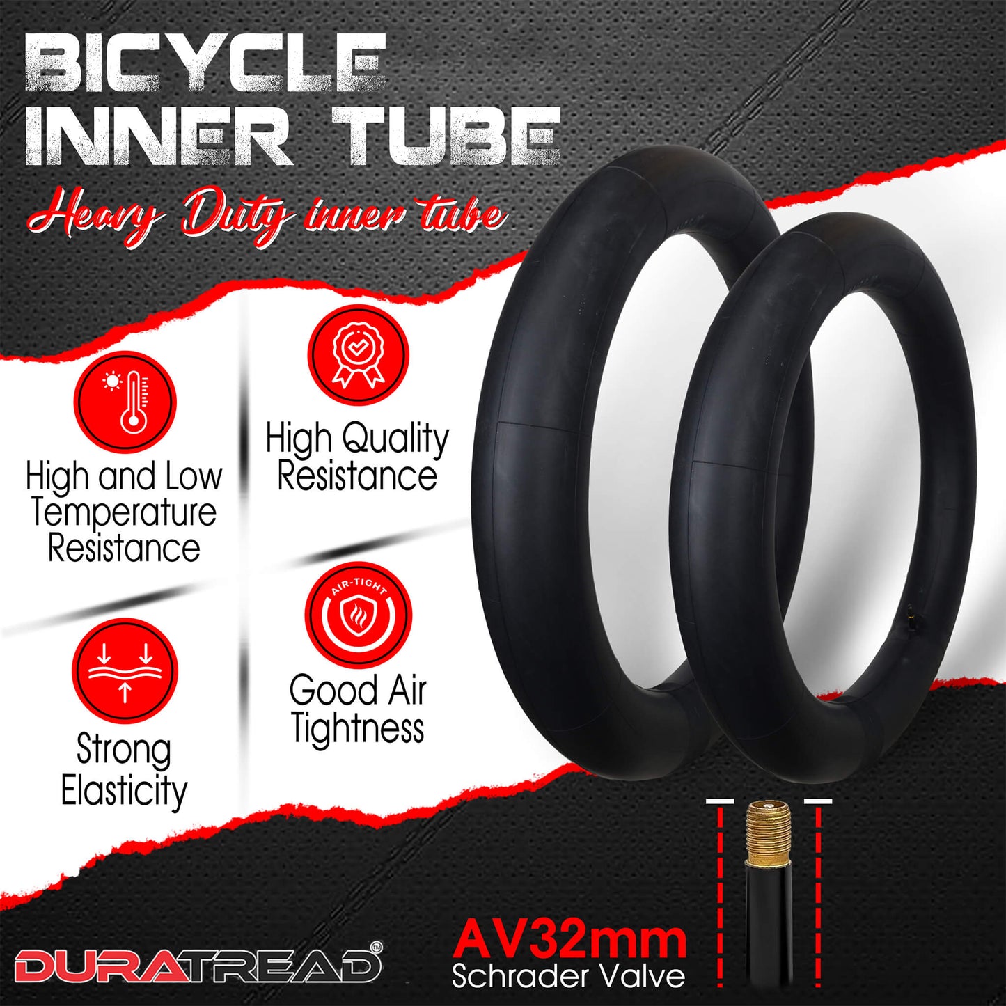 Reliable DURATREAD 29x1.75/2.40 replacement inner tube, strong butyl rubber,high air tightness and Schrader valve for everyday bike and e-bike use